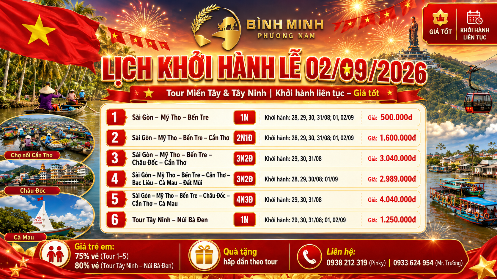 lịch khởi hành lễ 2/9 bình minh phương nam