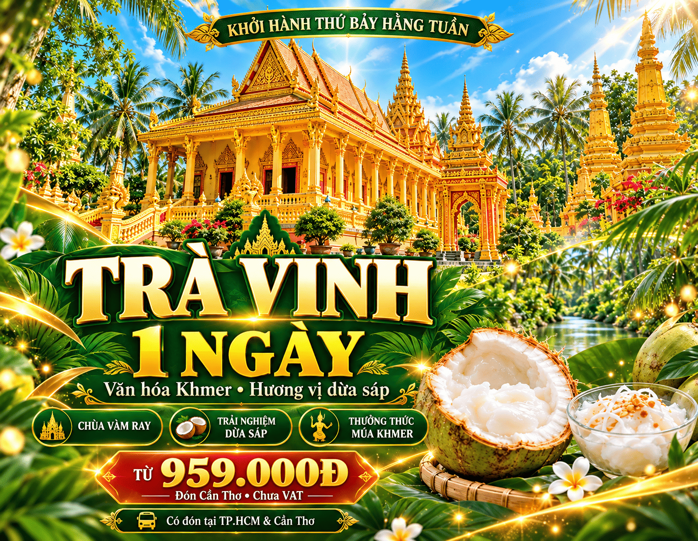 Tour Trà Vinh 1 ngày: Khám phá chùa Vàm Ray, văn hóa Khmer và nguồn cội dừa sáp